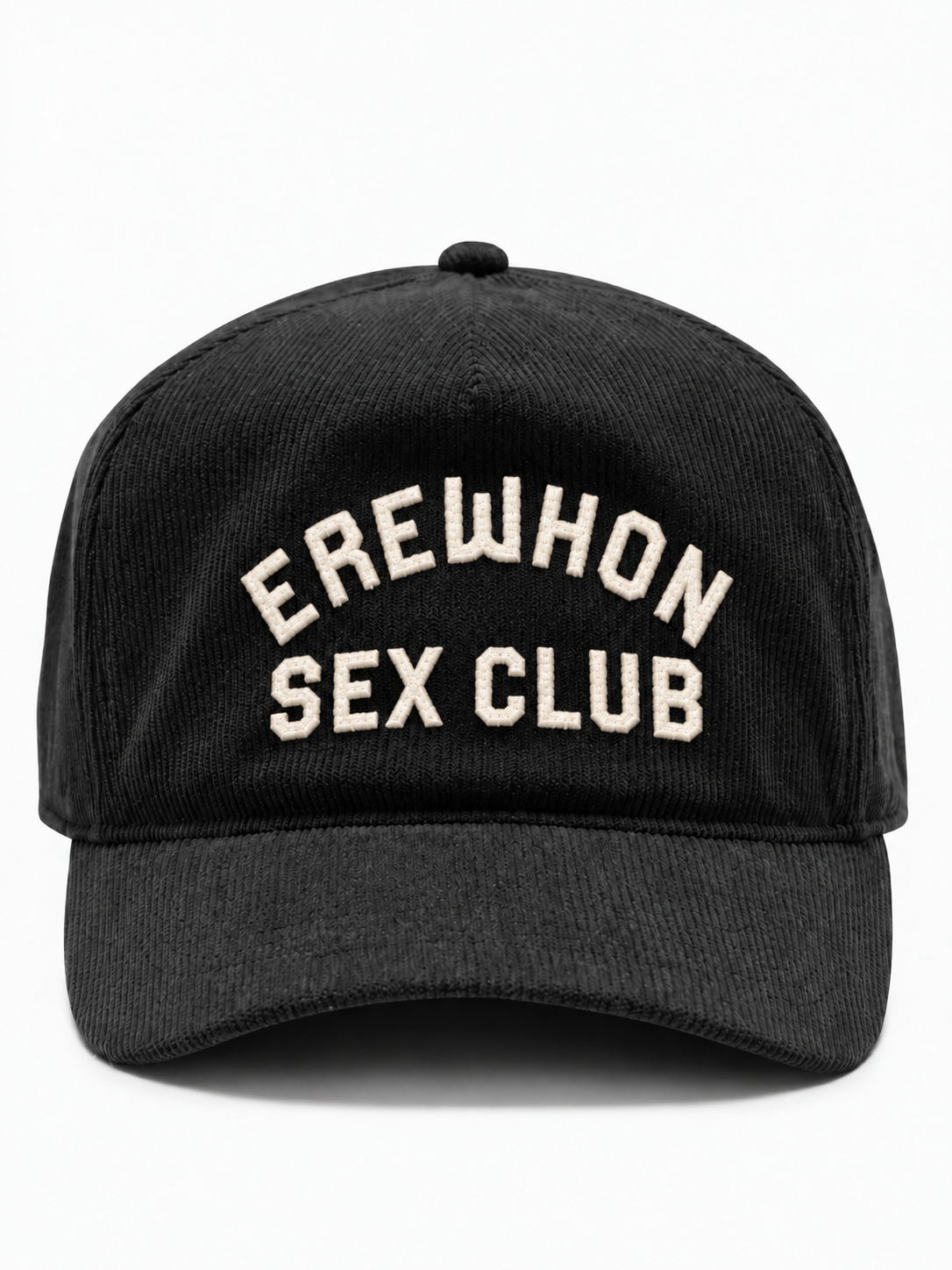LA Cult Classics Erewhon Sex Club hat: Jet Black Cord Hat — Black corduroy with cream embroidery