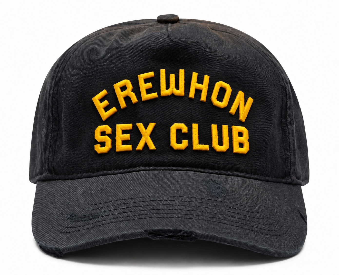 LA Cult Classics Erewhon Sex Club hat: Washed Age Black Hat — Washed black with yellow embroidery