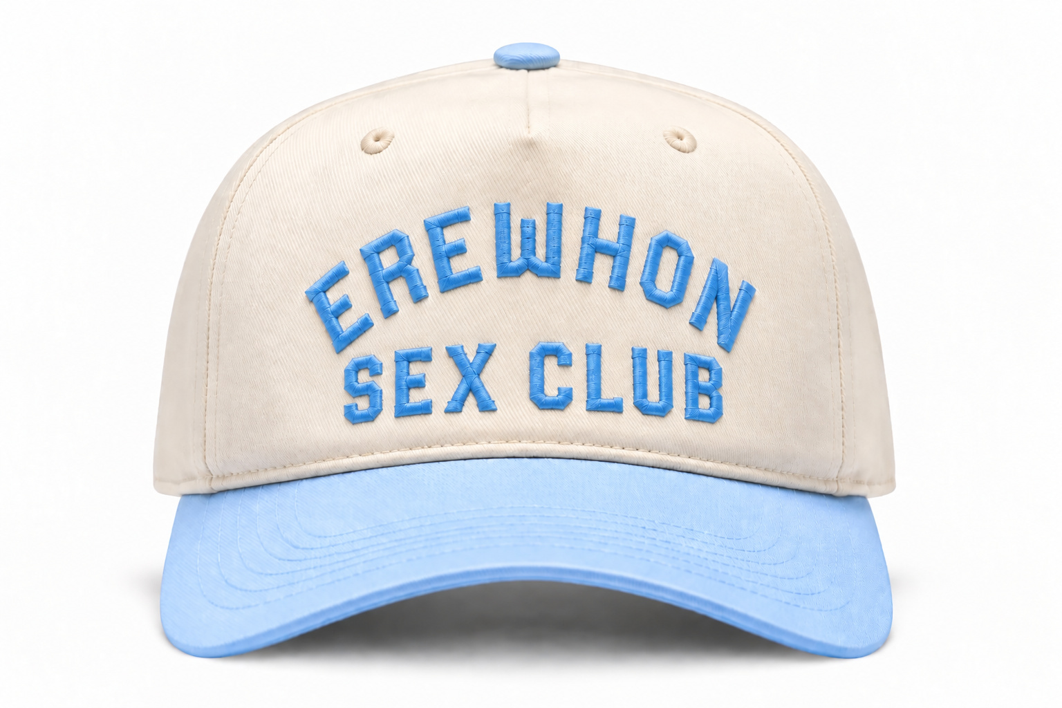 LA Cult Classics Erewhon Sex Club hat: Sky Blue Washed Hat — Cream crown, light blue brim and embroidery