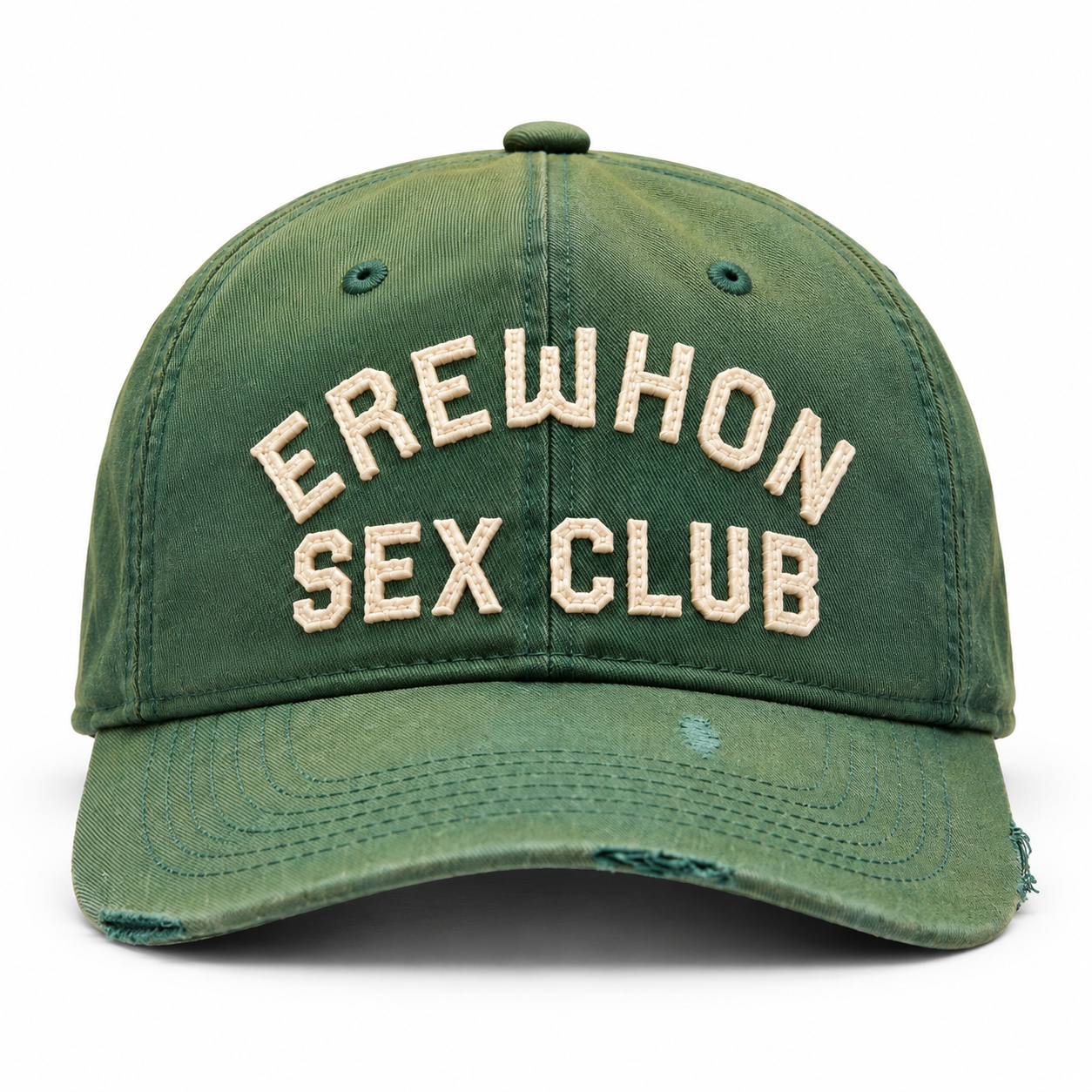 Washed Green Erewhon Sex Club hat with cream embroidery — front view
