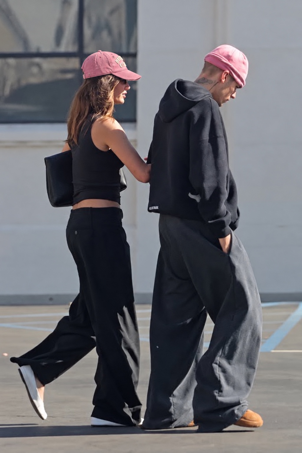 Unofficial parody mockup: Hailey Bieber in a pink LA Cult Classics Erewhon Sex Club hat; not an endorsement.