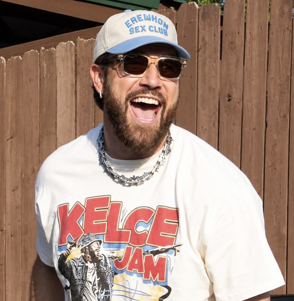 Travis Kelce — baby blue Erewhon Sex Club hat mockup (unofficial parody edit) Unofficial parody mockup: Travis Kelce wearing a baby blue LA Cult Classics Erewhon Sex Club hat; not an endorsement.
