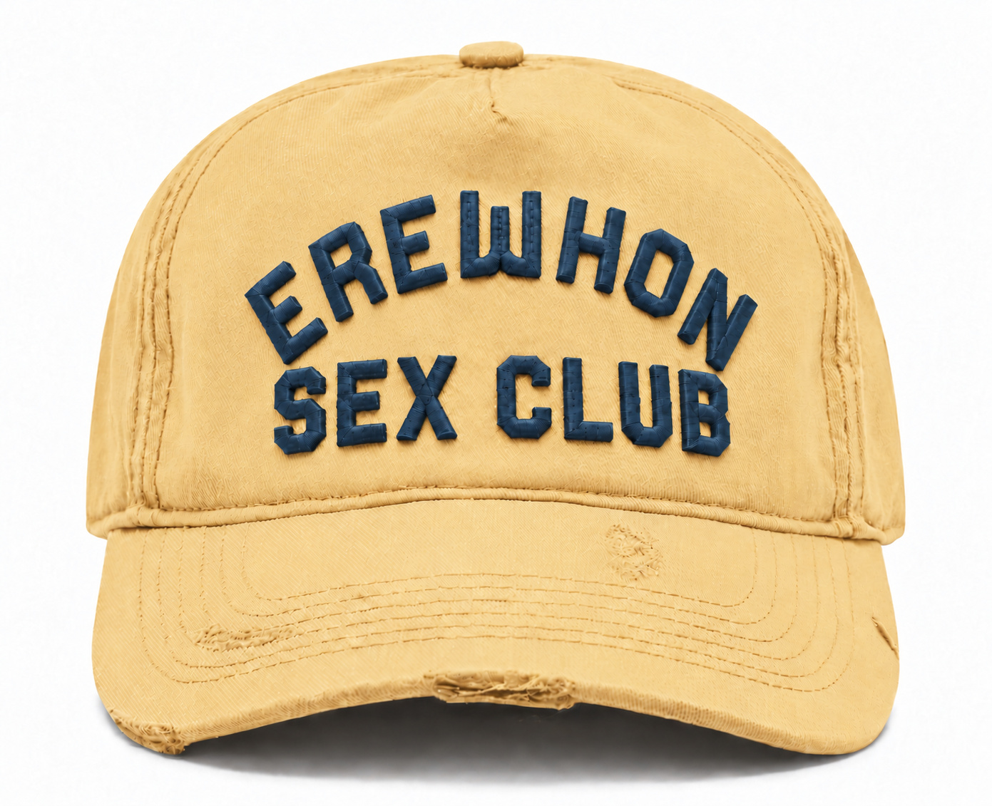 LA Cult Classics Erewhon Sex Club hat: Washed Yellow Fitted Hat — Washed pale yellow with blue embroidery